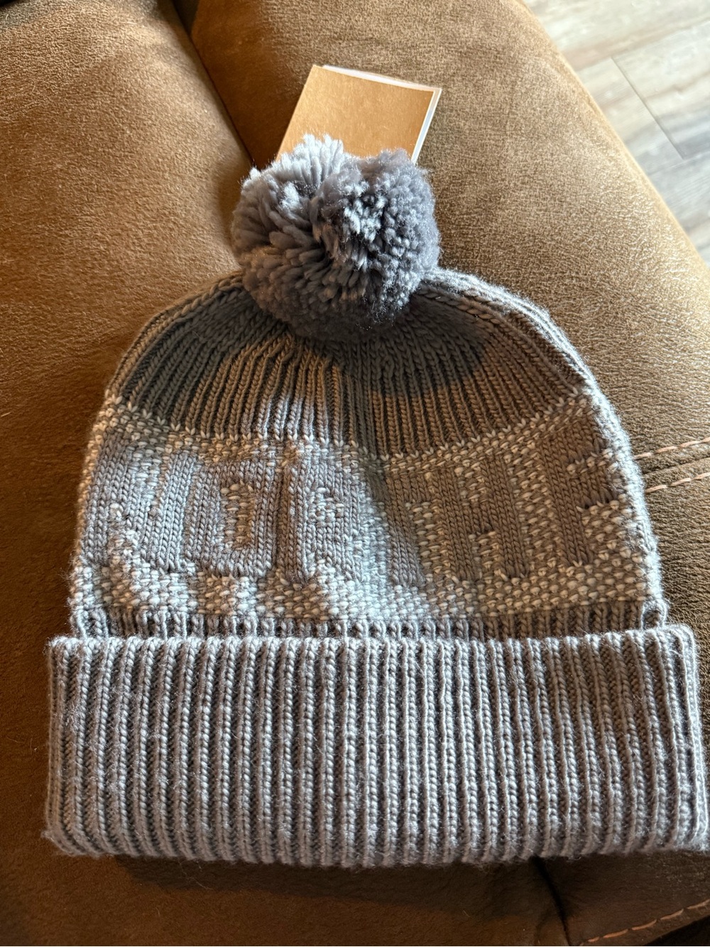 The North Face Light Gray Knit Pom Beanie with Folded Cuff
